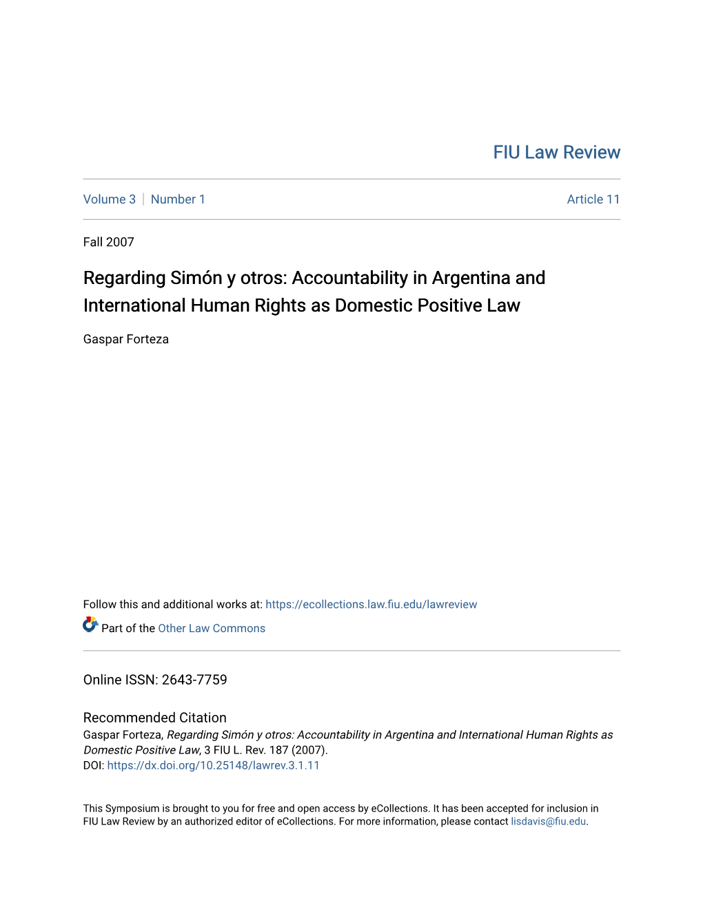 Regarding Simã³n Y Otros: Accountability in Argentina And