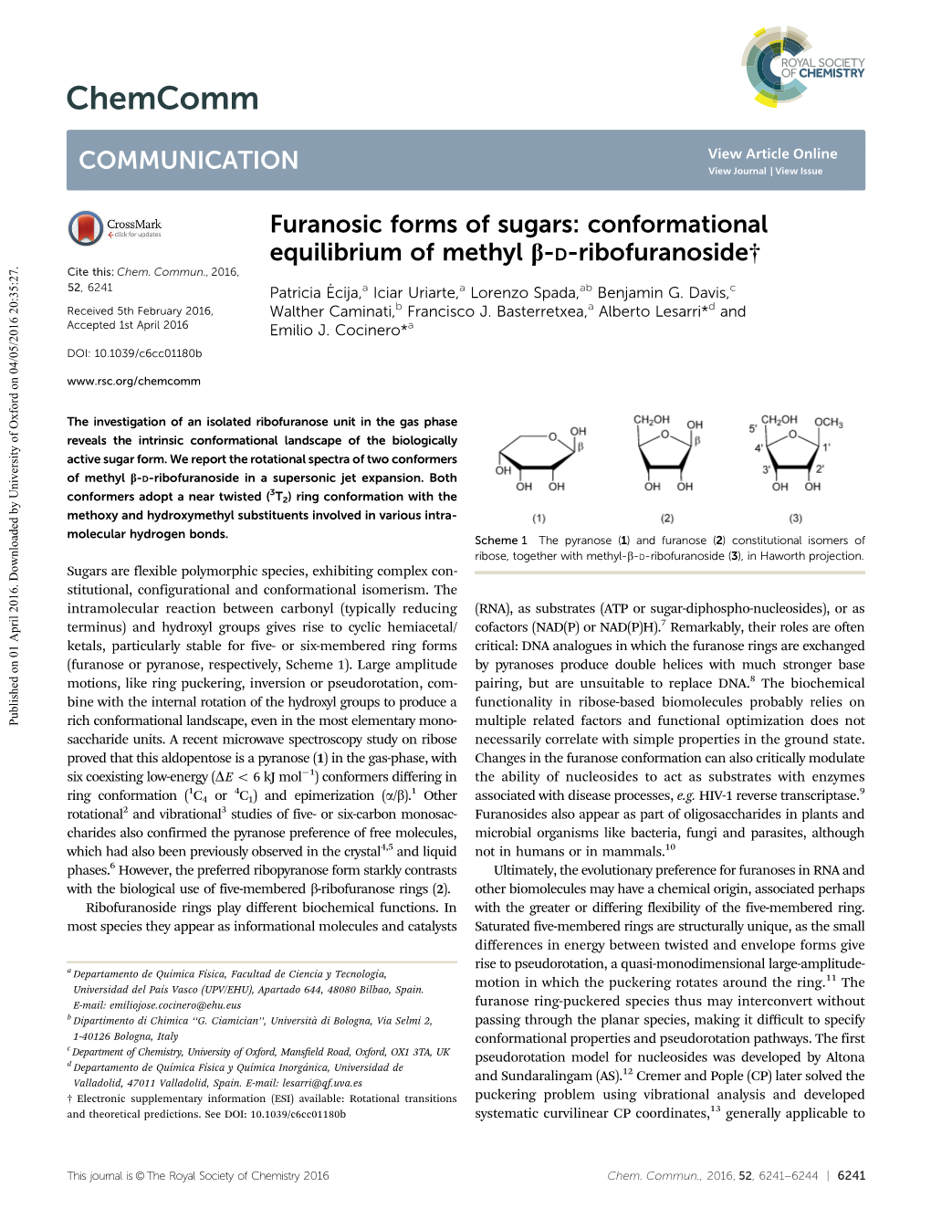 Furanosic Forms of Sugars: Conformational Equilibrium of Methyl B-D-Ribofuranoside† Cite This: Chem