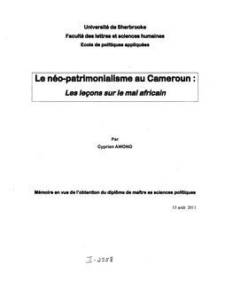 Le Néo-Patrimonialisme Au Cameroun : Les Leçons Sur Le Mal Africain