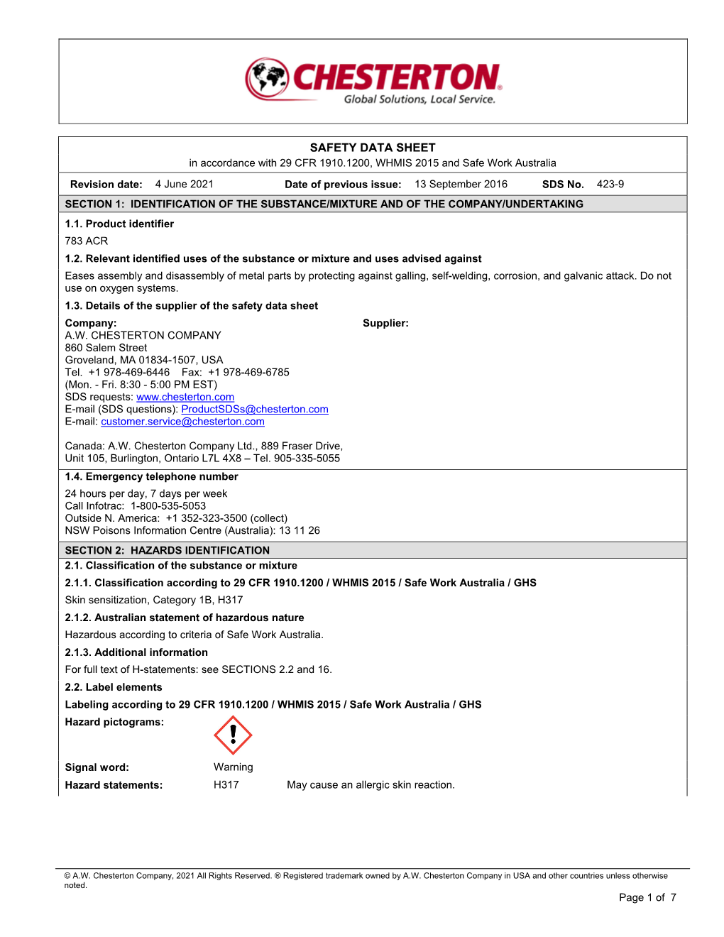 SAFETY DATA SHEET in Accordance with 29 CFR 1910.1200, WHMIS 2015 and Safe Work Australia