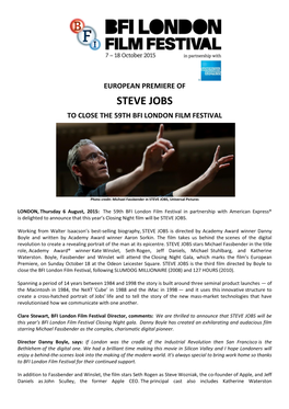Steve Jobs to Close the 59Th Bfi London Film Festival