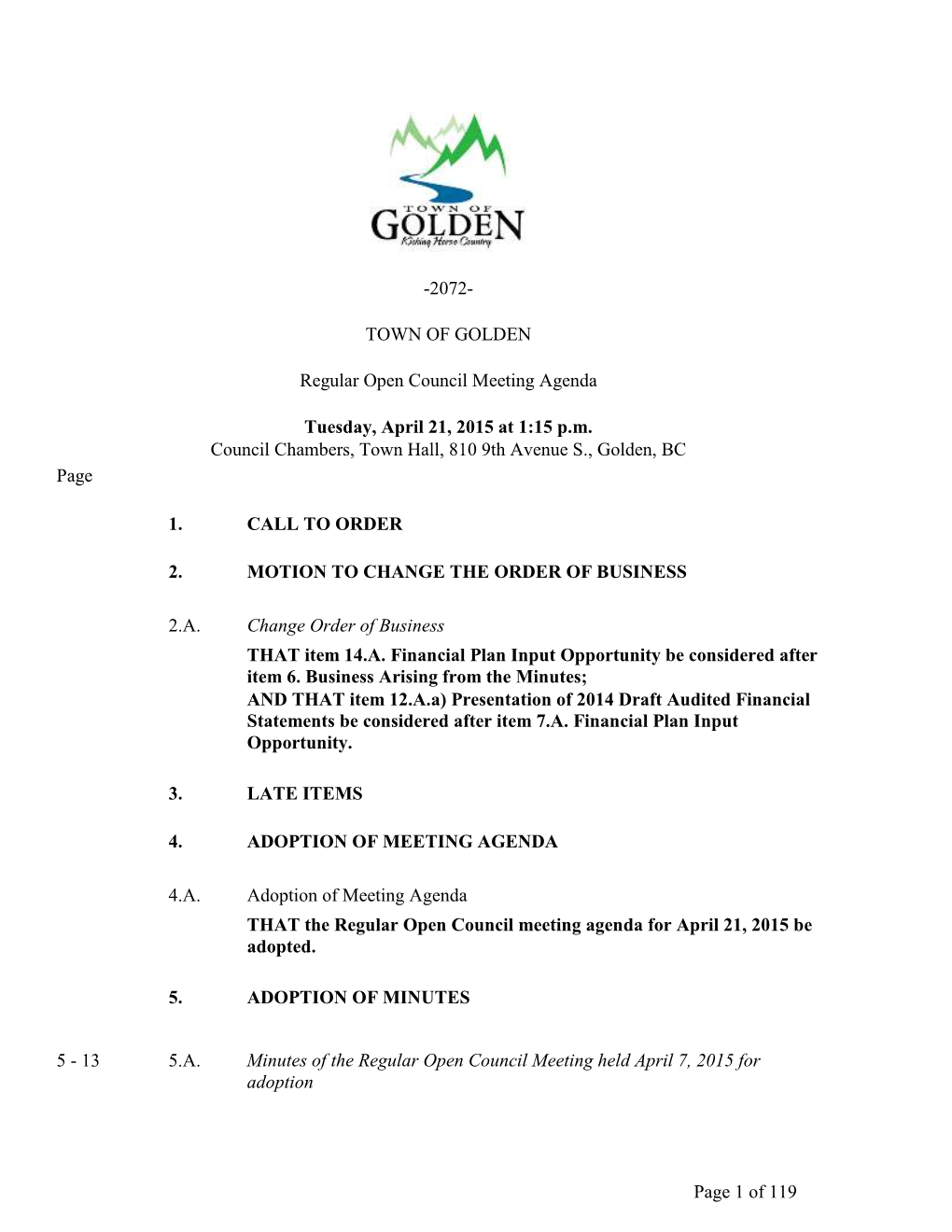 Regular Open Council Meeting Agenda