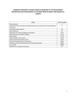 Comments Provided to Parks Canada in Response to the Development Description for Establishment of Thaidene Nëné National Park Reserve of Canada