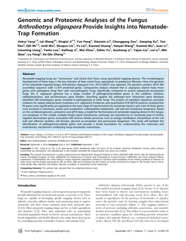 Genomic and Proteomic Analyses of the Fungus Arthrobotrys Oligospora Provide Insights Into Nematode- Trap Formation