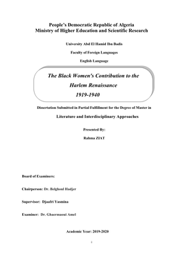 The Black Women's Contribution to the Harlem Renaissance 1919-1940