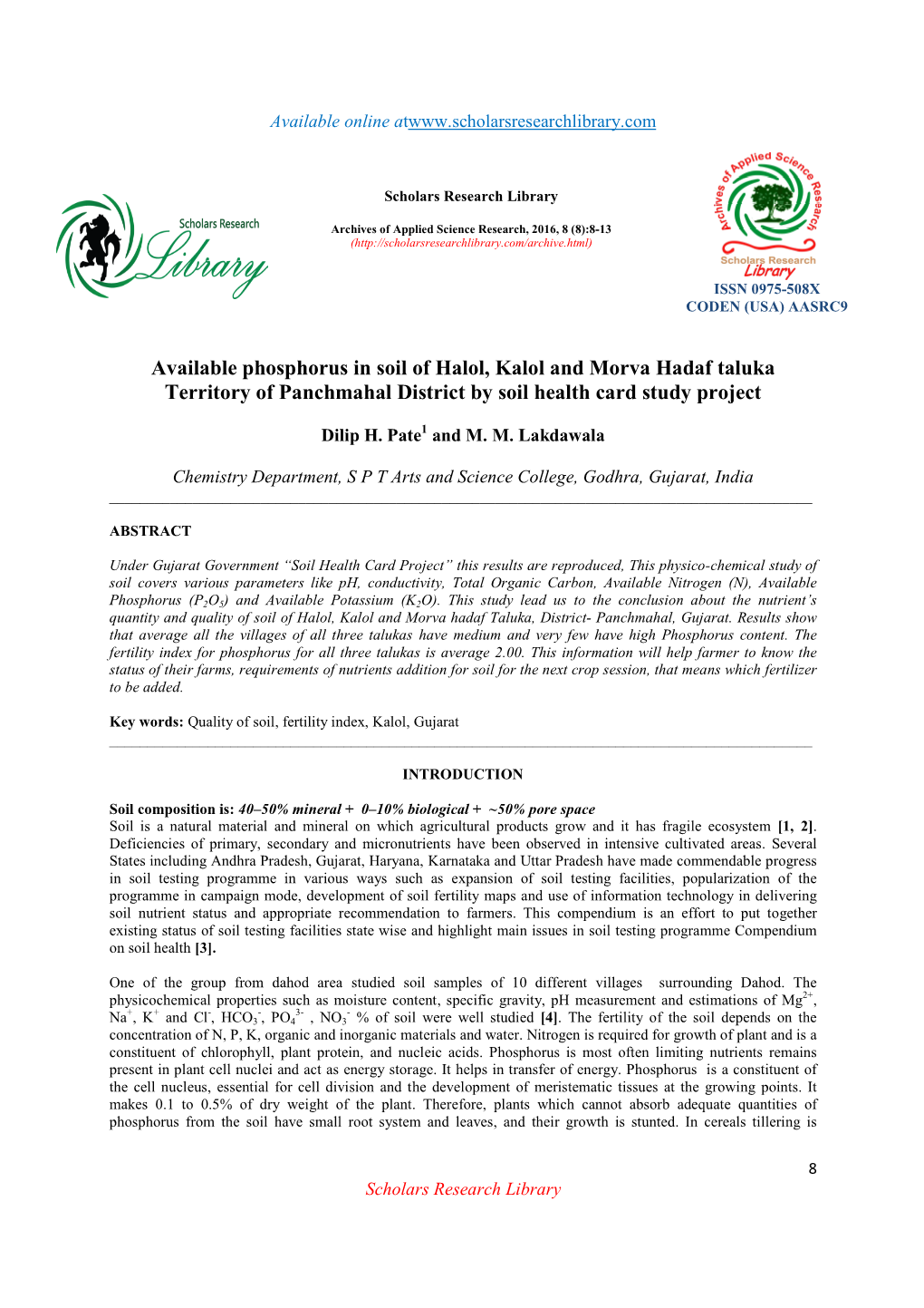 Available Phosphorus in Soil of Halol, Kalol and Morva Hadaf Taluka Territory of Panchmahal District by Soil Health Card Study Project