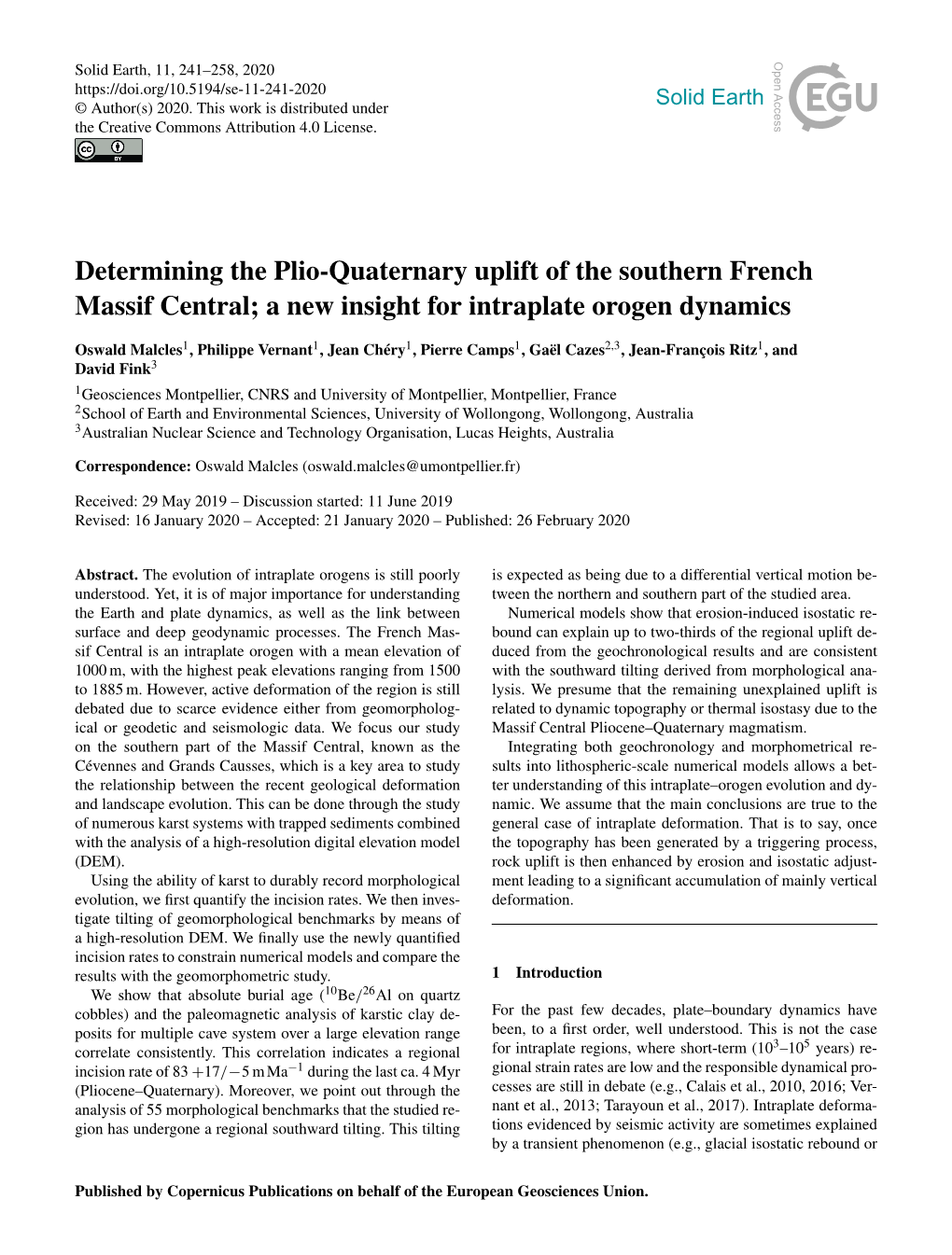 Determining the Plio-Quaternary Uplift of the Southern French Massif Central; a New Insight for Intraplate Orogen Dynamics