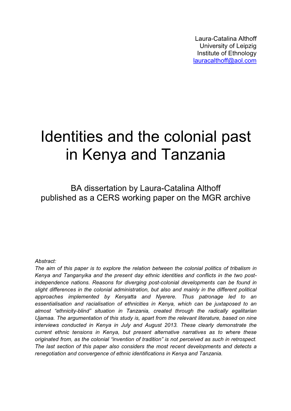 Identities and the Colonial Past in Kenya and Tanzania