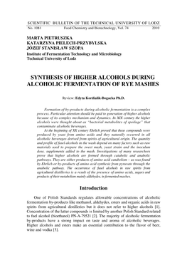 Synthesis of Higher Alcohols During Alcoholic Fermentation of Rye Mashes