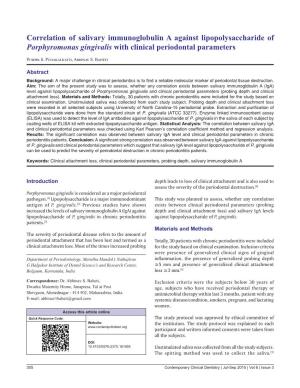 Correlation of Salivary Immunoglobulin a Against Lipopolysaccharide of Porphyromonas Gingivalis with Clinical Periodontal Parameters