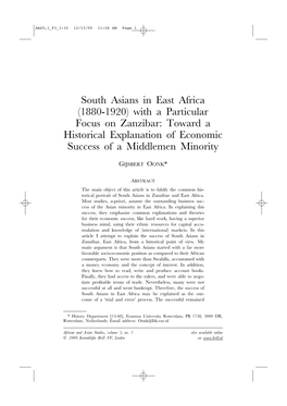 South Asians in East Africa (1880-1920) with a Particular Focus on Zanzibar: Toward a Historical Explanation of Economic Success of a Middlemen Minority