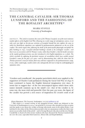 The Cannibal Cavalier: Sir Thomas Lunsford and the Fashioning of the Royalist Archetype*