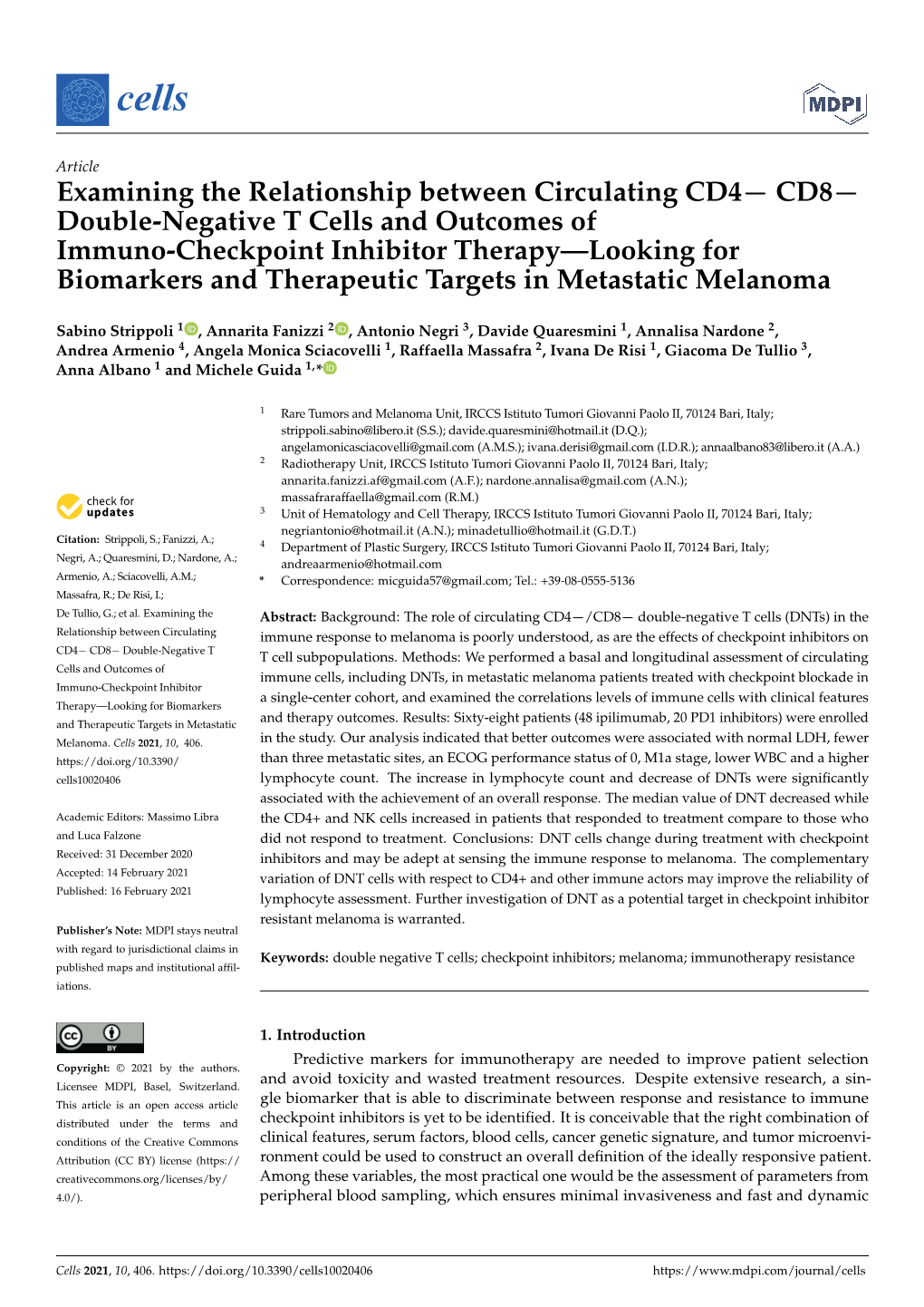 CD8- Double-Negative T Cells and Outcomes of Immuno-Checkpoint