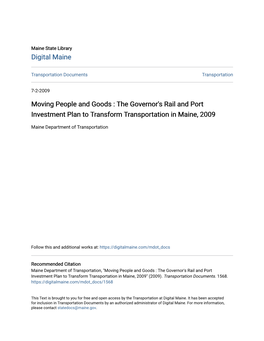 The Governor's Rail and Port Investment Plan to Transform Transportation in Maine, 2009