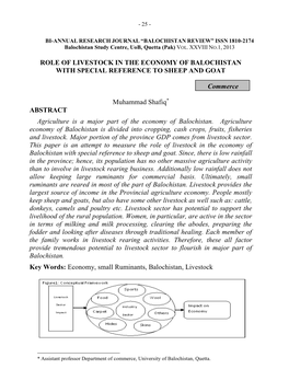 ROLE of LIVESTOCK in the ECONOMY of BALOCHISTAN with SPECIAL REFERENCE to SHEEP and GOAT Commerce Muhammad Shafiq* ABSTRACT Agri