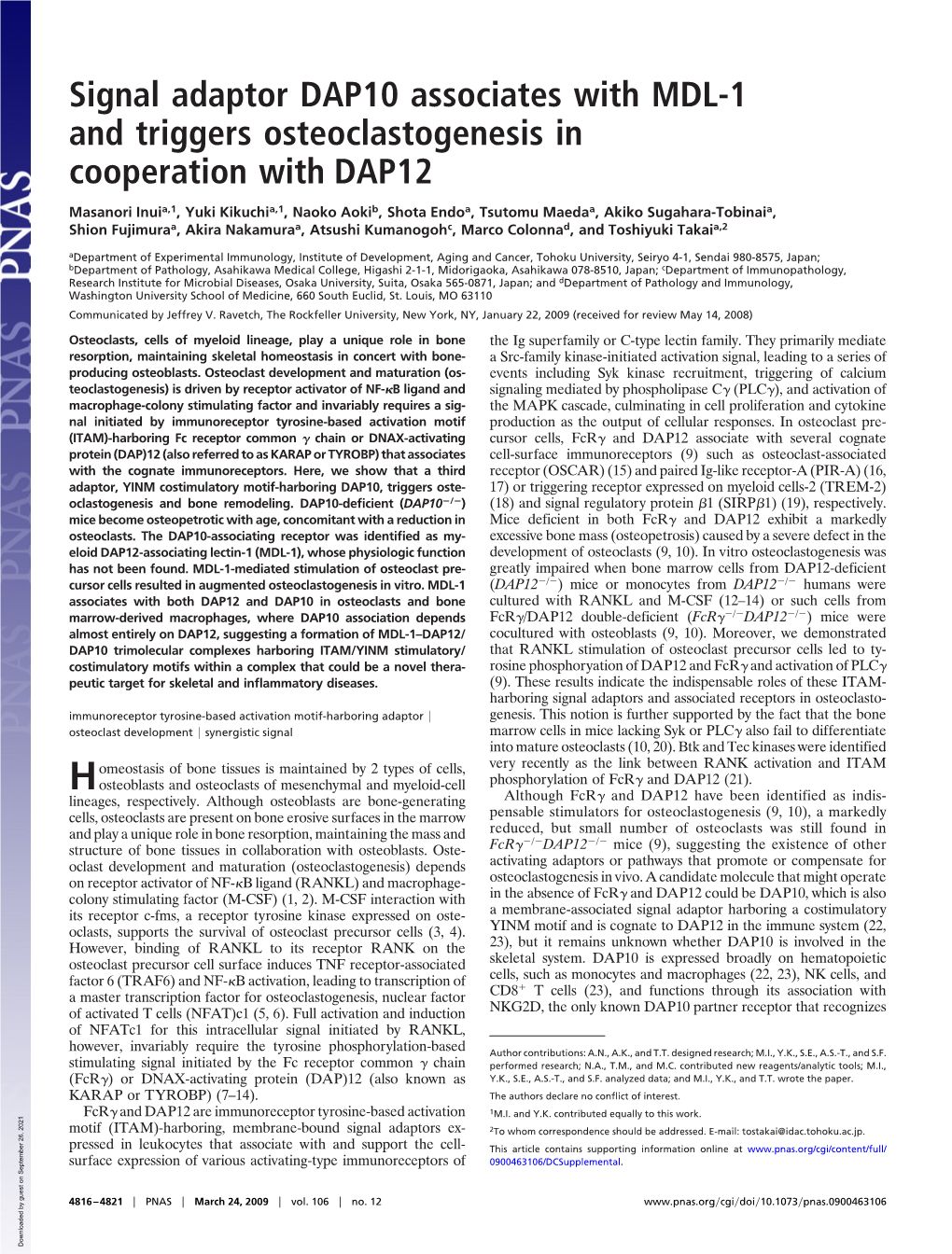 Signal Adaptor DAP10 Associates with MDL-1 and Triggers Osteoclastogenesis in Cooperation with DAP12