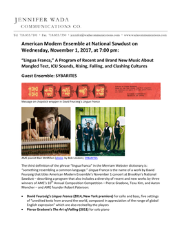 American Modern Ensemble at National Sawdust on Wednesday, November 1, 2017, at 7:00 Pm