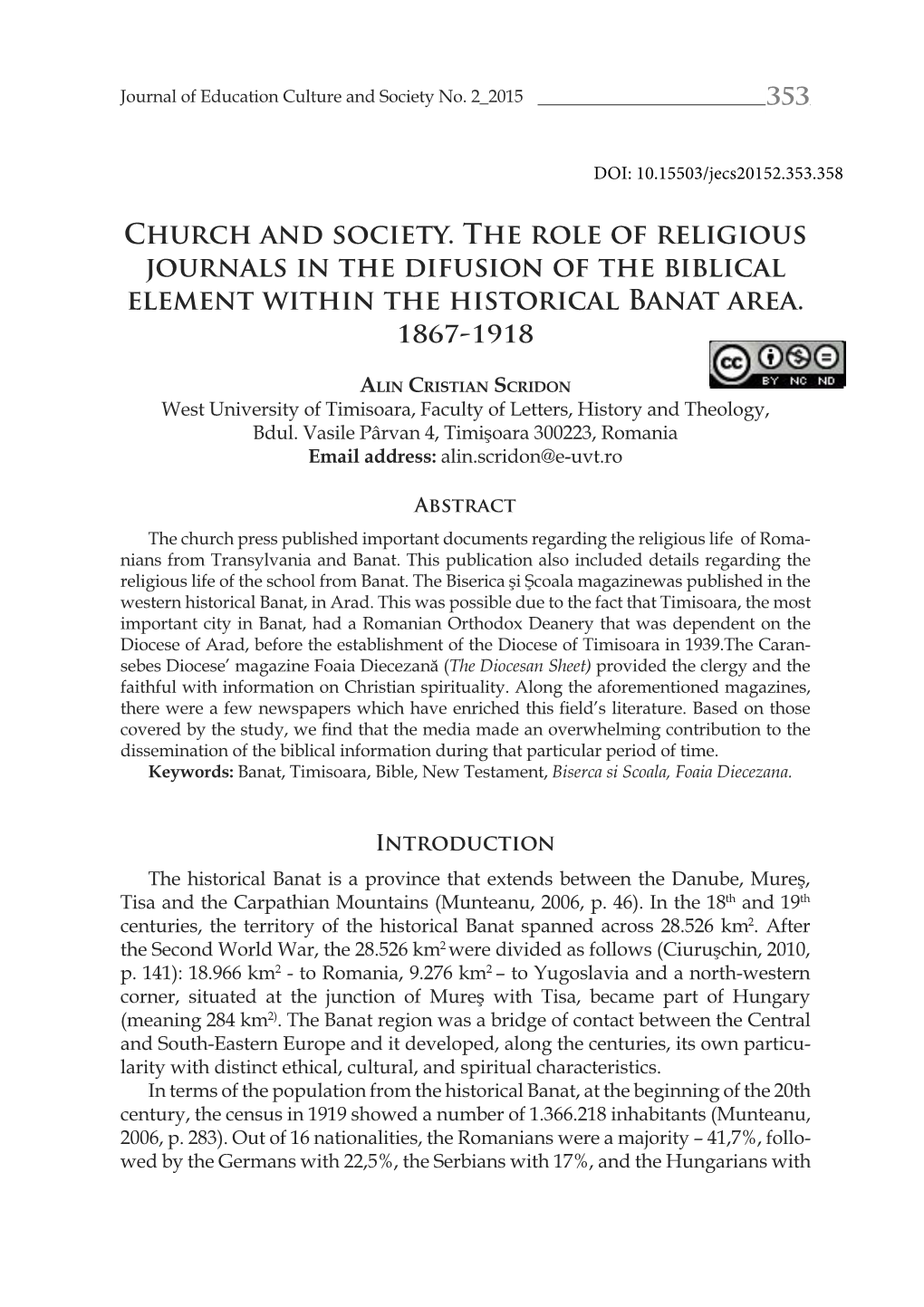 Church and Society. the Role of Religious Journals in the Difusion of the Biblical Element Within the Historical Banat Area. !"#$-!%!"