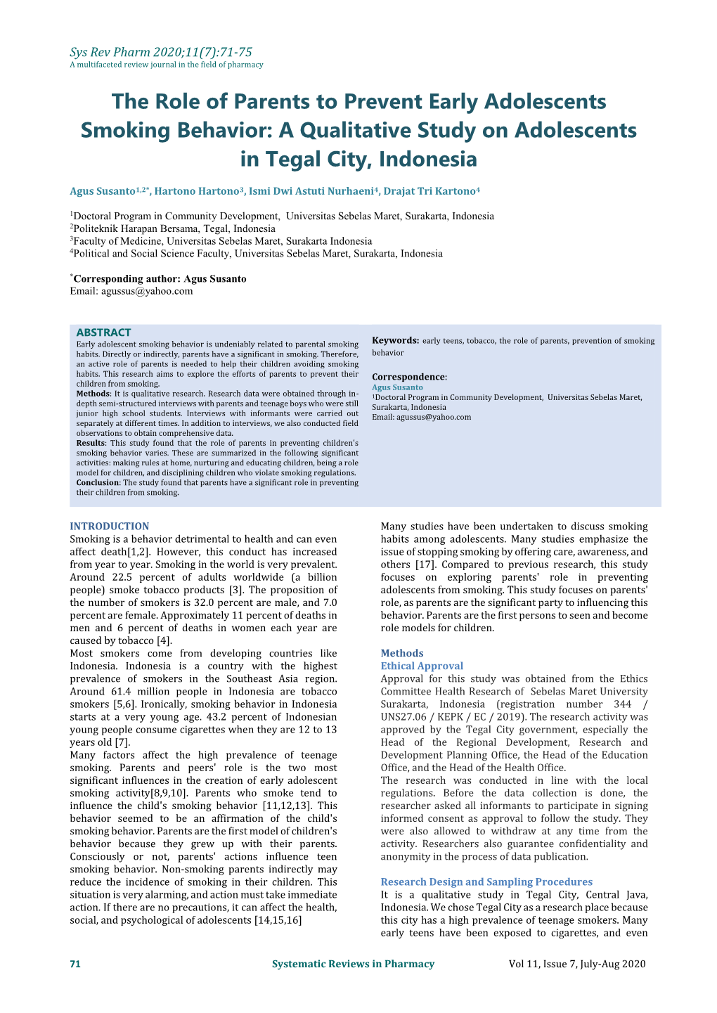The Role of Parents to Prevent Early Adolescents Smoking Behavior: a Qualitative Study on Adolescents in Tegal City, Indonesia