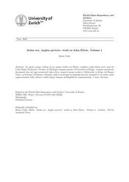 Italus Ore, Anglus Pectore: Studi Su John Florio
