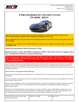 X-Pipe Installation for Chevrolet Corvette PN-60505, 60533*