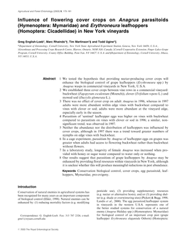 Influence of Flowering Cover Crops on Anagrus Parasitoids (Hymenoptera: Mymaridae) and Erythroneura Leafhoppers (Homoptera: Cicadellidae) in New York Vineyards