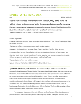 Spoleto Announces a Landmark 45Th Season, May