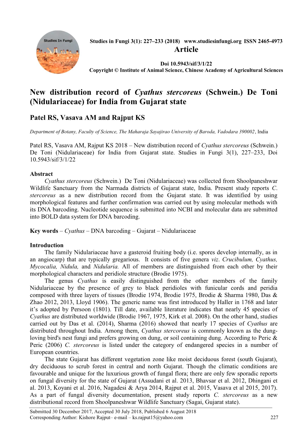 New Distribution Record of Cyathus Stercoreus (Schwein.) De Toni (Nidulariaceae) for India from Gujarat State Article
