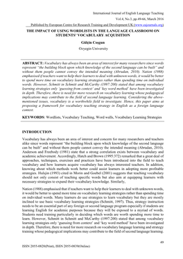 THE IMPACT of USING WORDLISTS in the LANGUAGE CLASSROOM on STUDENTS’ VOCABULARY ACQUISITION Gülçin Coşgun Ozyegin University