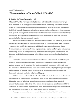 'Monumentalism' in Norway's Music 1930 –1945