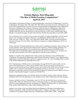 Nicholas Higham: Brief Biography “The Rise of Multi-Precision Computations” April 26, 2017