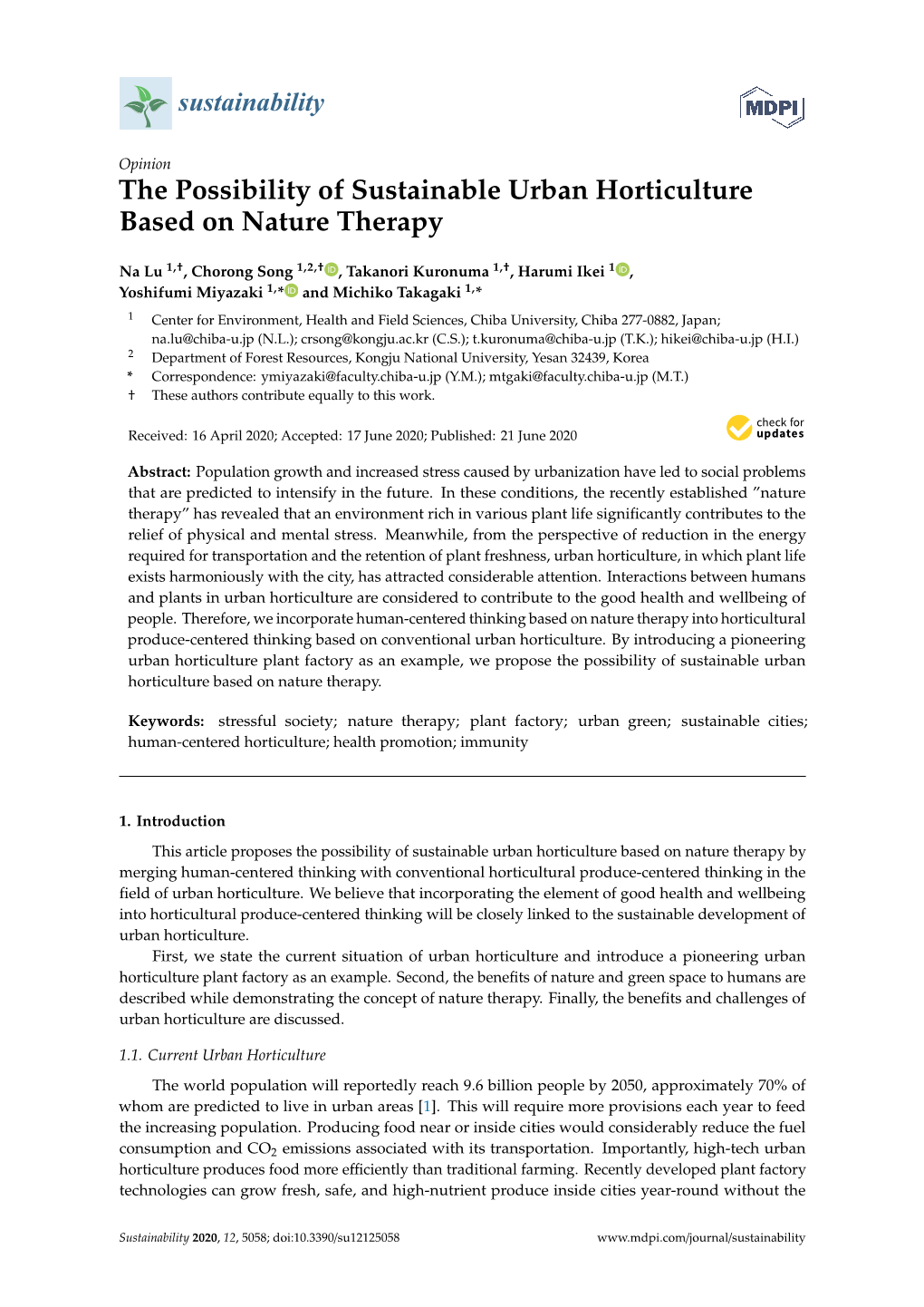 The Possibility of Sustainable Urban Horticulture Based on Nature Therapy