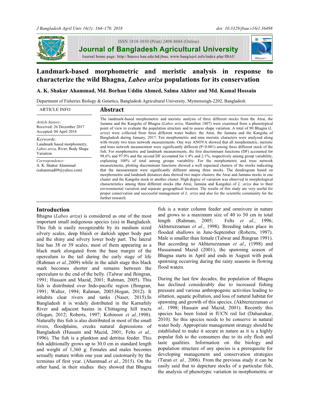 Landmark-Based Morphometric and Meristic Analysis in Response to Characterize the Wild Bhagna, Labeo Ariza Populations for Its Conservation