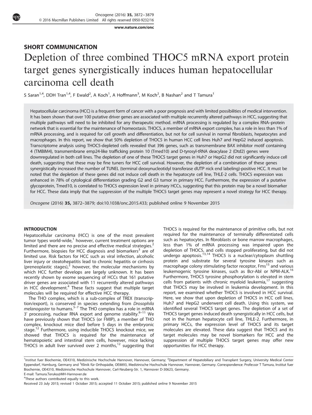 Depletion of Three Combined THOC5 Mrna Export Protein Target Genes Synergistically Induces Human Hepatocellular Carcinoma Cell Death