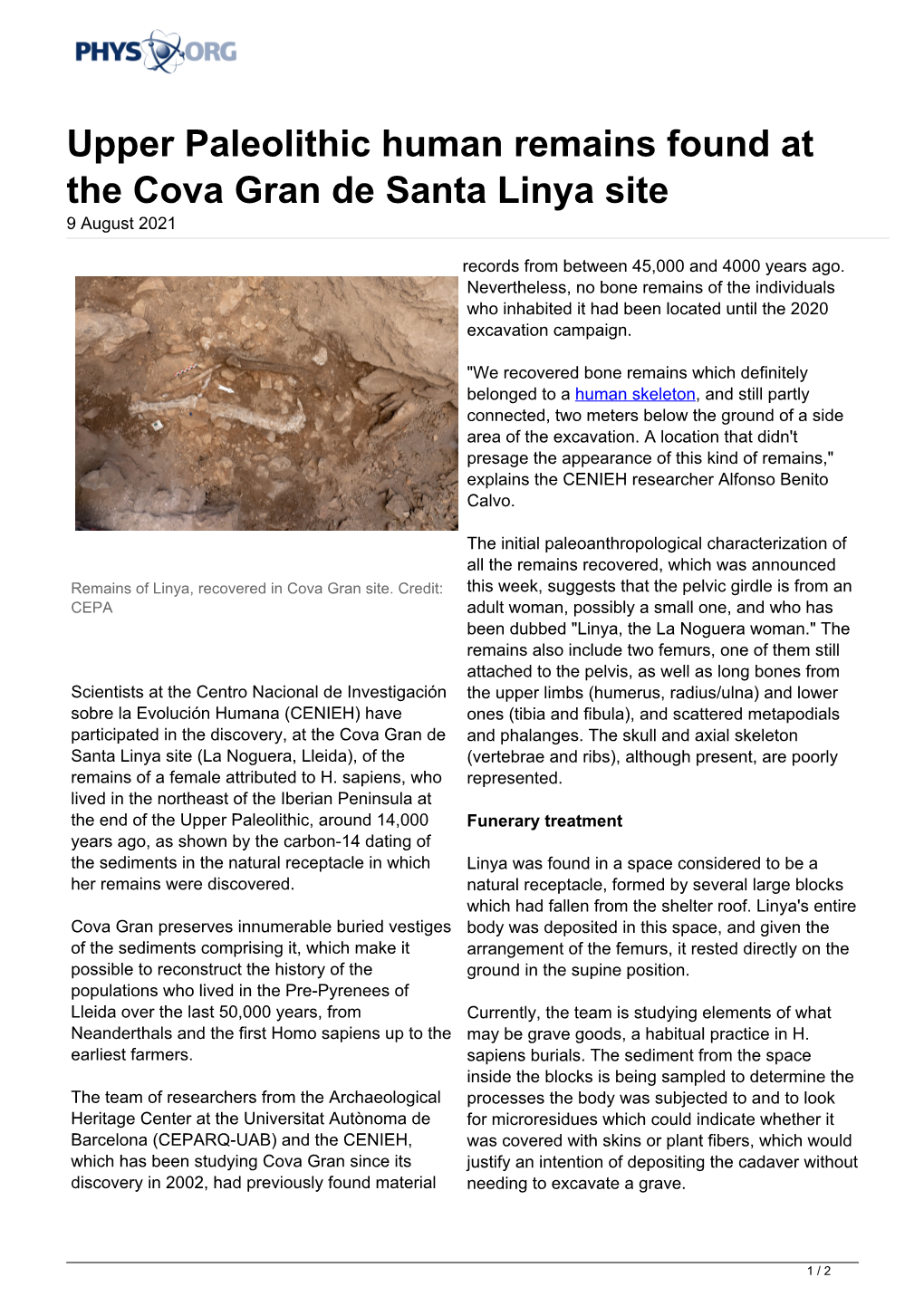 Upper Paleolithic Human Remains Found at the Cova Gran De Santa Linya Site 9 August 2021