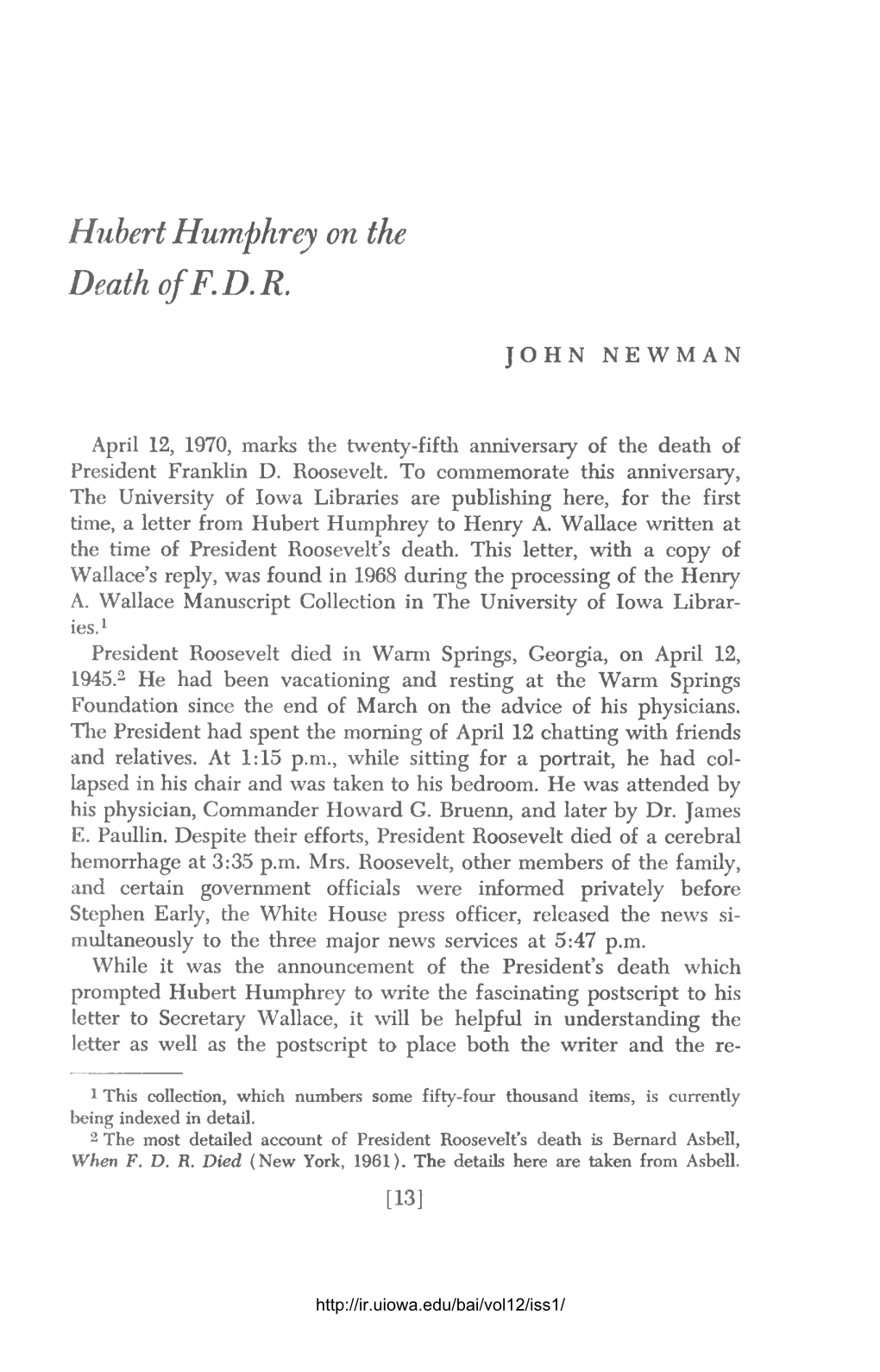 Hubert Humphrey on the Death of F.D.R