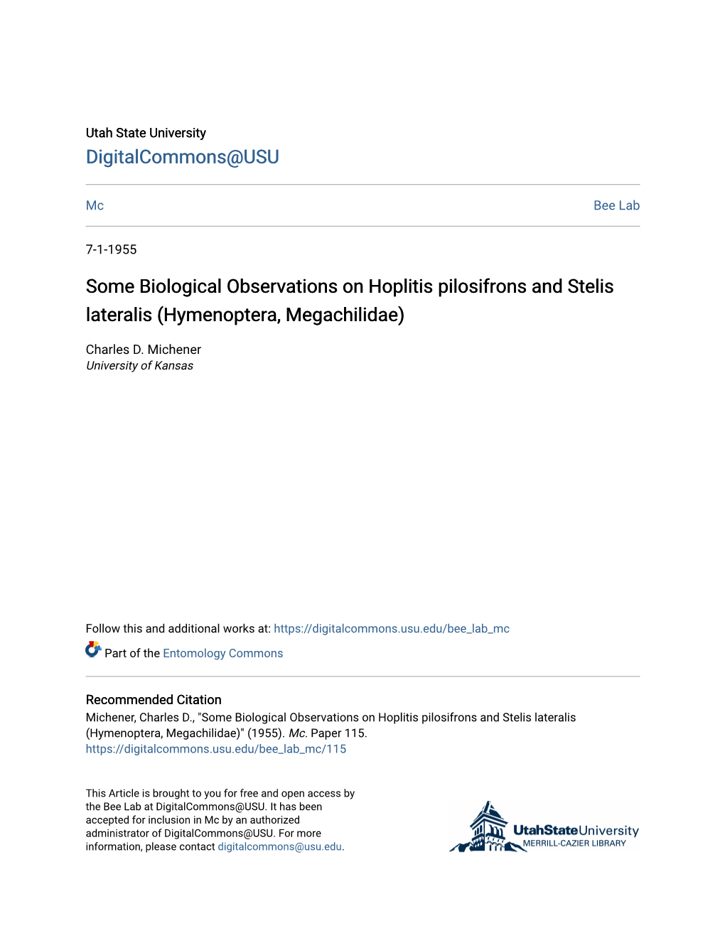 Some Biological Observations on Hoplitis Pilosifrons and Stelis Lateralis (Hymenoptera, Megachilidae)