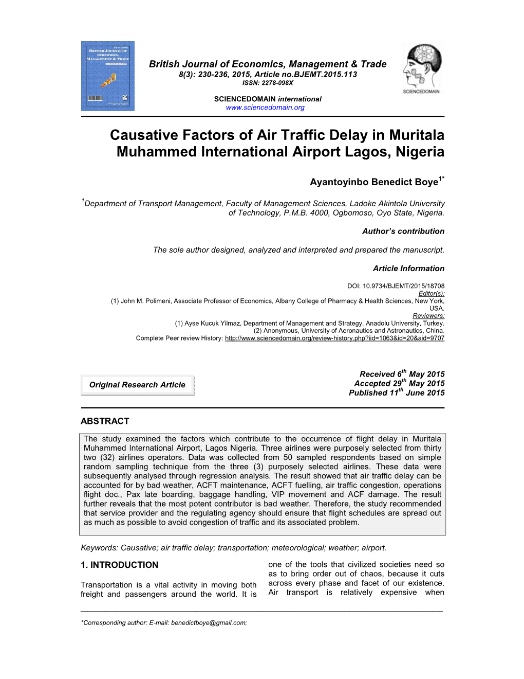 Causative Factors of Air Traffic Delay in Muritala Muhammed International Airport Lagos, Nigeria