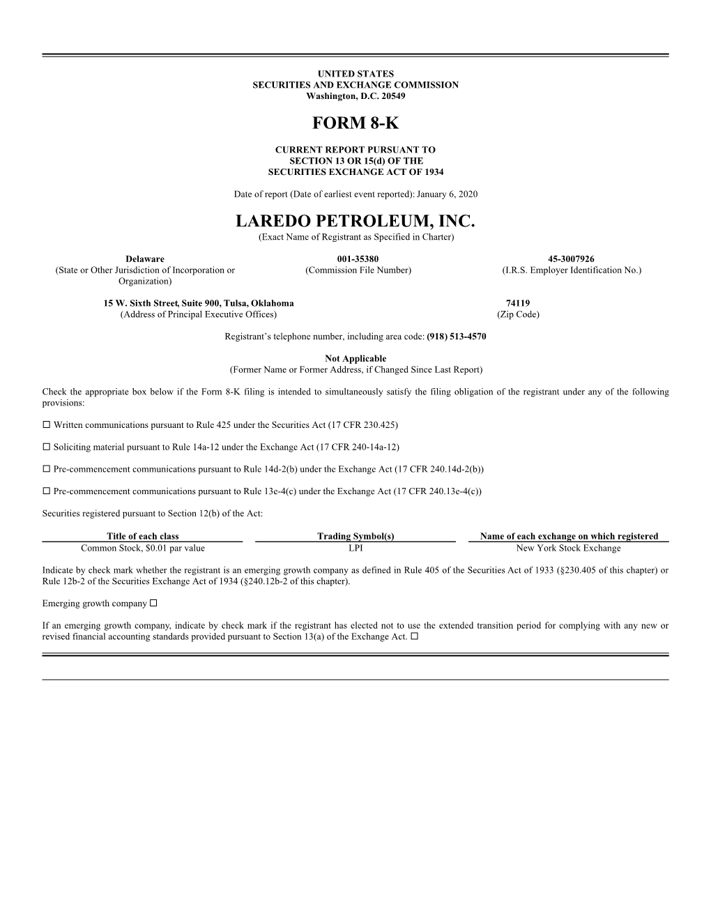 Form 8-K Laredo Petroleum, Inc