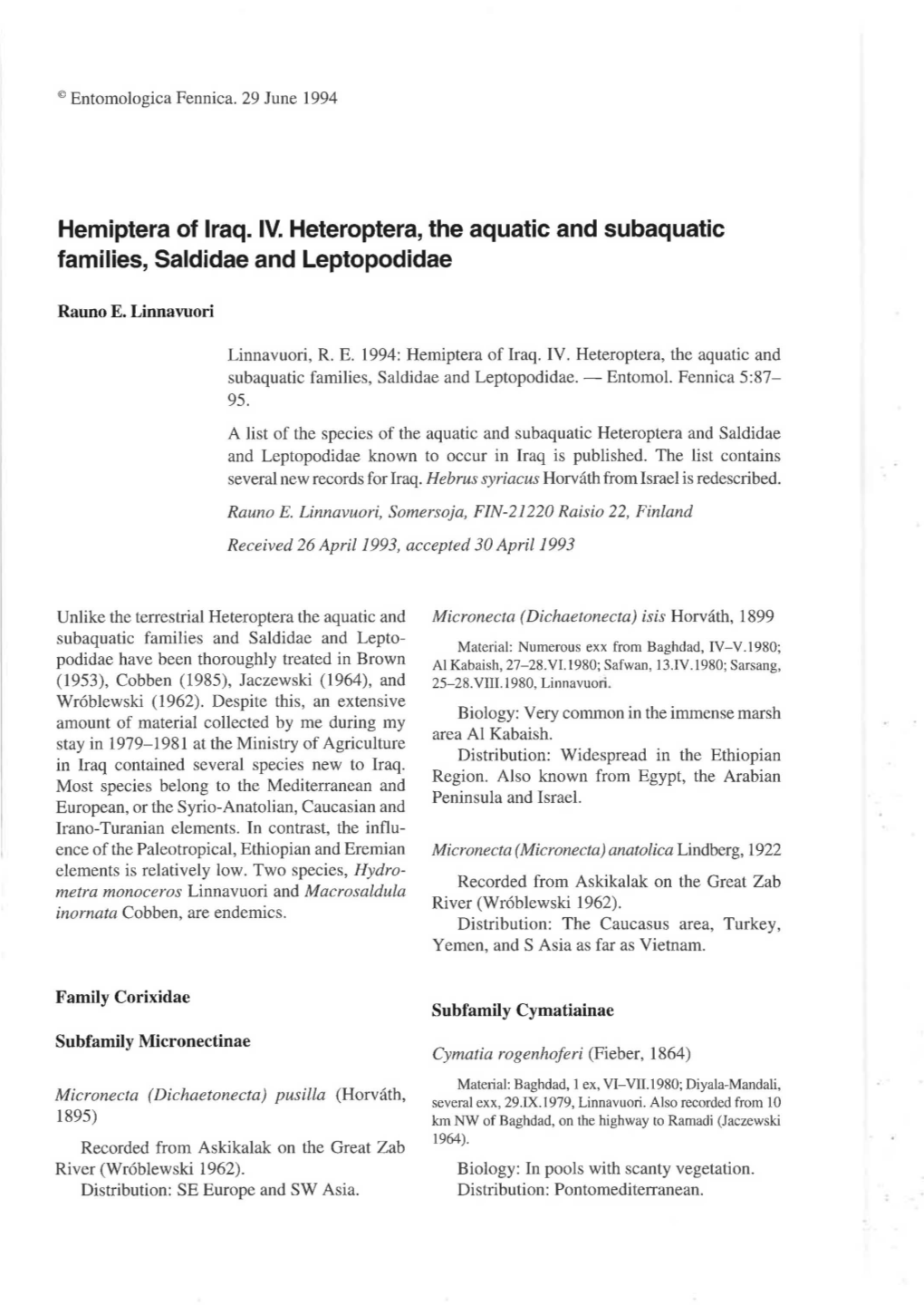 Hemiptera of Iraq. IV. Heteroptera, the Aquatic and Subaquatic Families, Saldidae and Leptopodidae