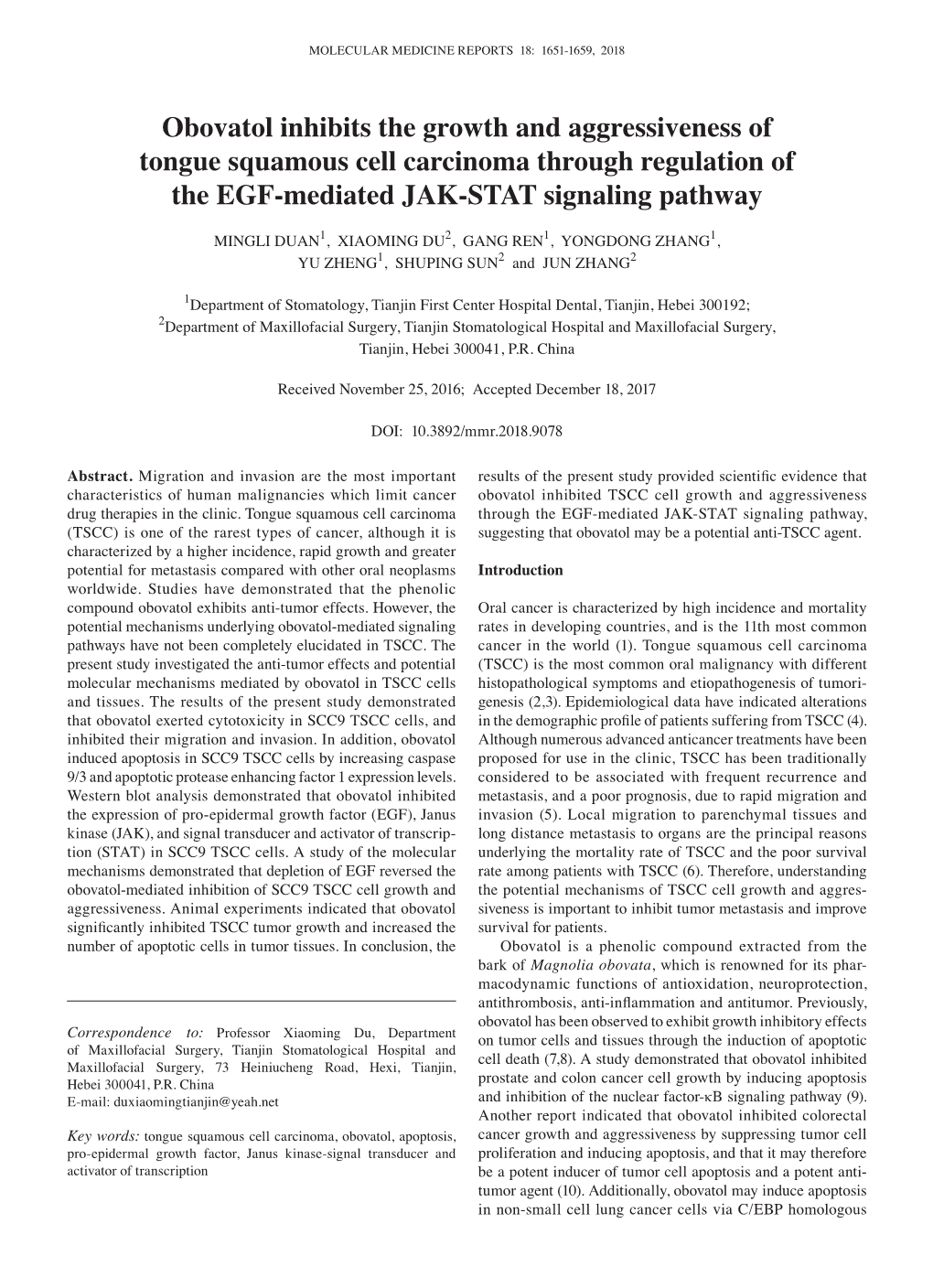 Obovatol Inhibits the Growth and Aggressiveness of Tongue Squamous Cell Carcinoma Through Regulation of the EGF‑Mediated JAK‑STAT Signaling Pathway