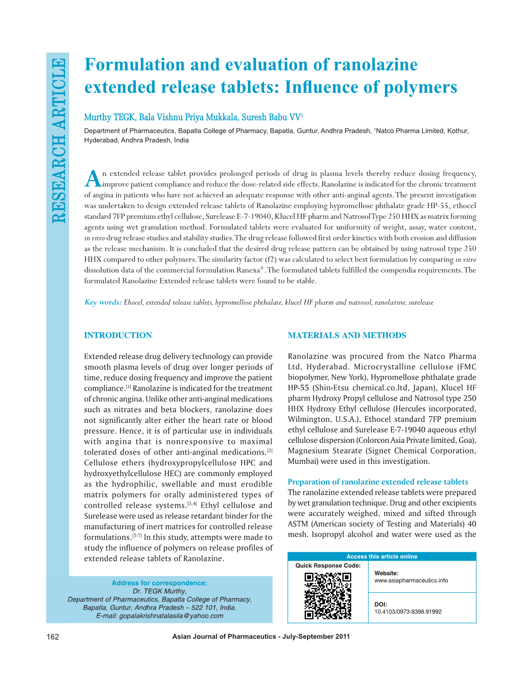 Formulation and Evaluation of Ranolazine Extended Release Tablets: Influence of Polymers