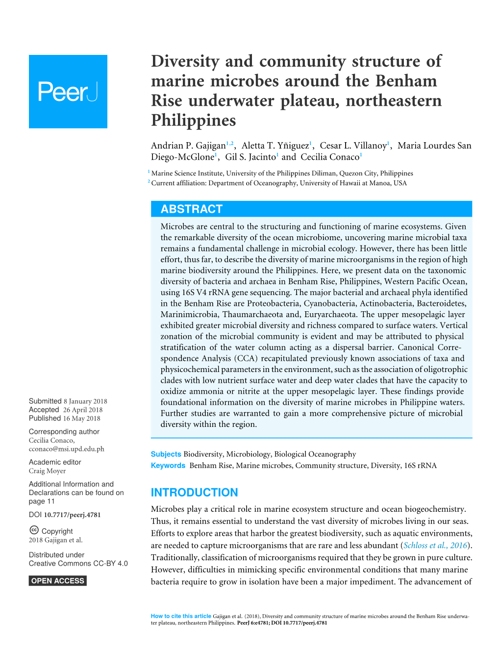 Diversity and Community Structure of Marine Microbes Around the Benham Rise Underwater Plateau, Northeastern Philippines