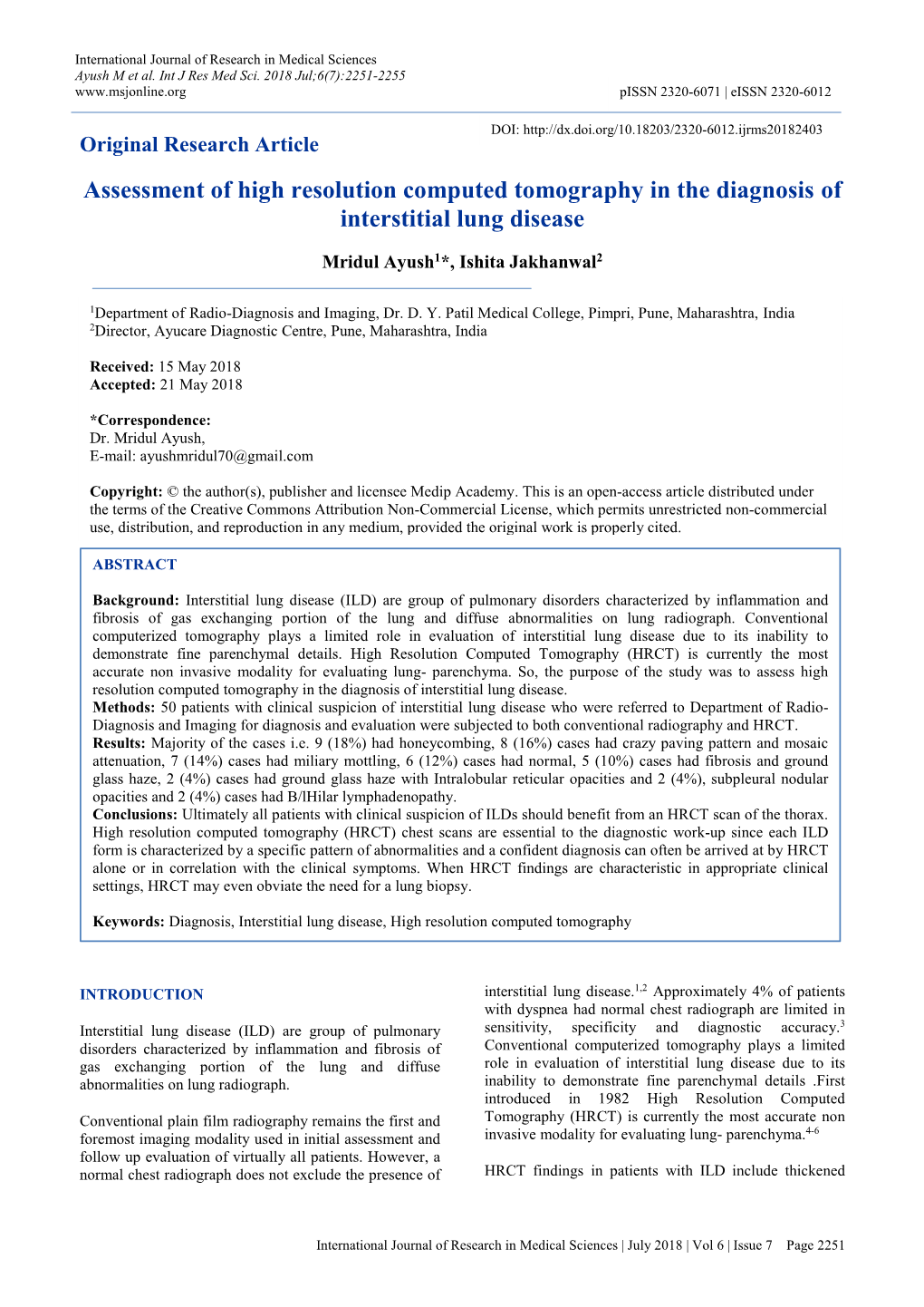 Assessment of High Resolution Computed Tomography in the Diagnosis of Interstitial Lung Disease