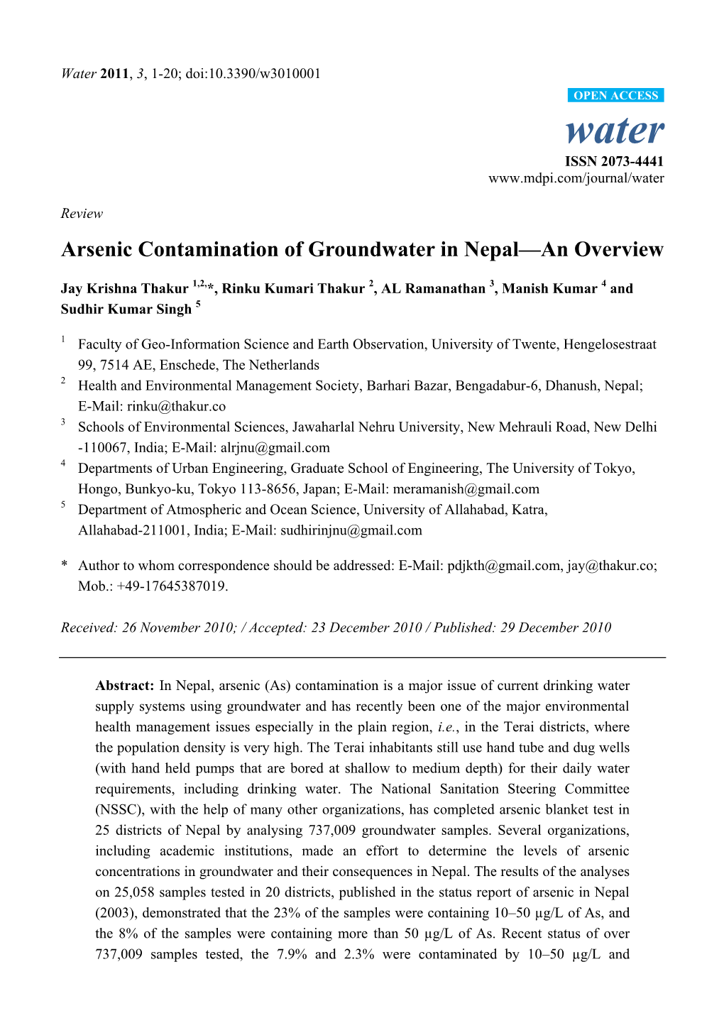 Arsenic Contamination of Groundwater in Nepal—An Overview