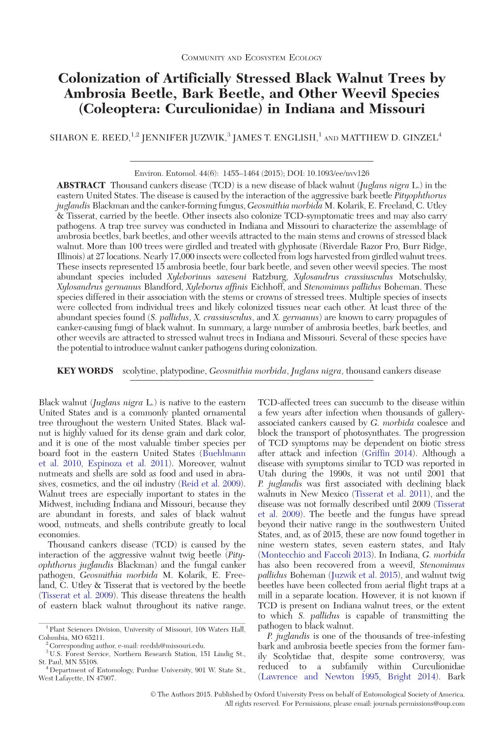 Colonization of Artificially Stressed Black Walnut Trees by Ambrosia Beetle, Bark Beetle, and Other Weevil Species (Coleoptera: Curculionidae) in Indiana and Missouri