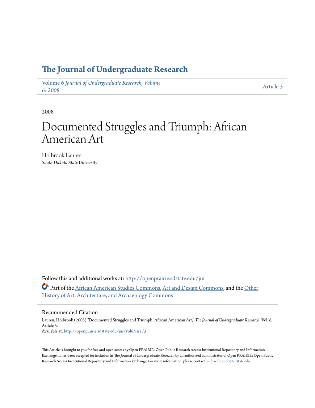 African American Art Holbrook Lauren South Dakota State University