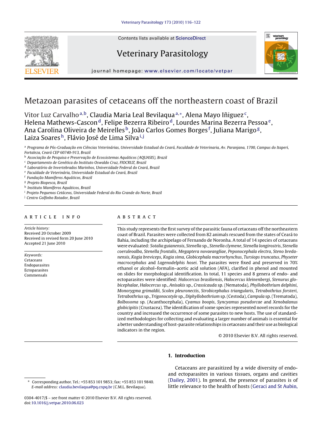 Metazoan Parasites of Cetaceans Off the Northeastern Coast of Brazil