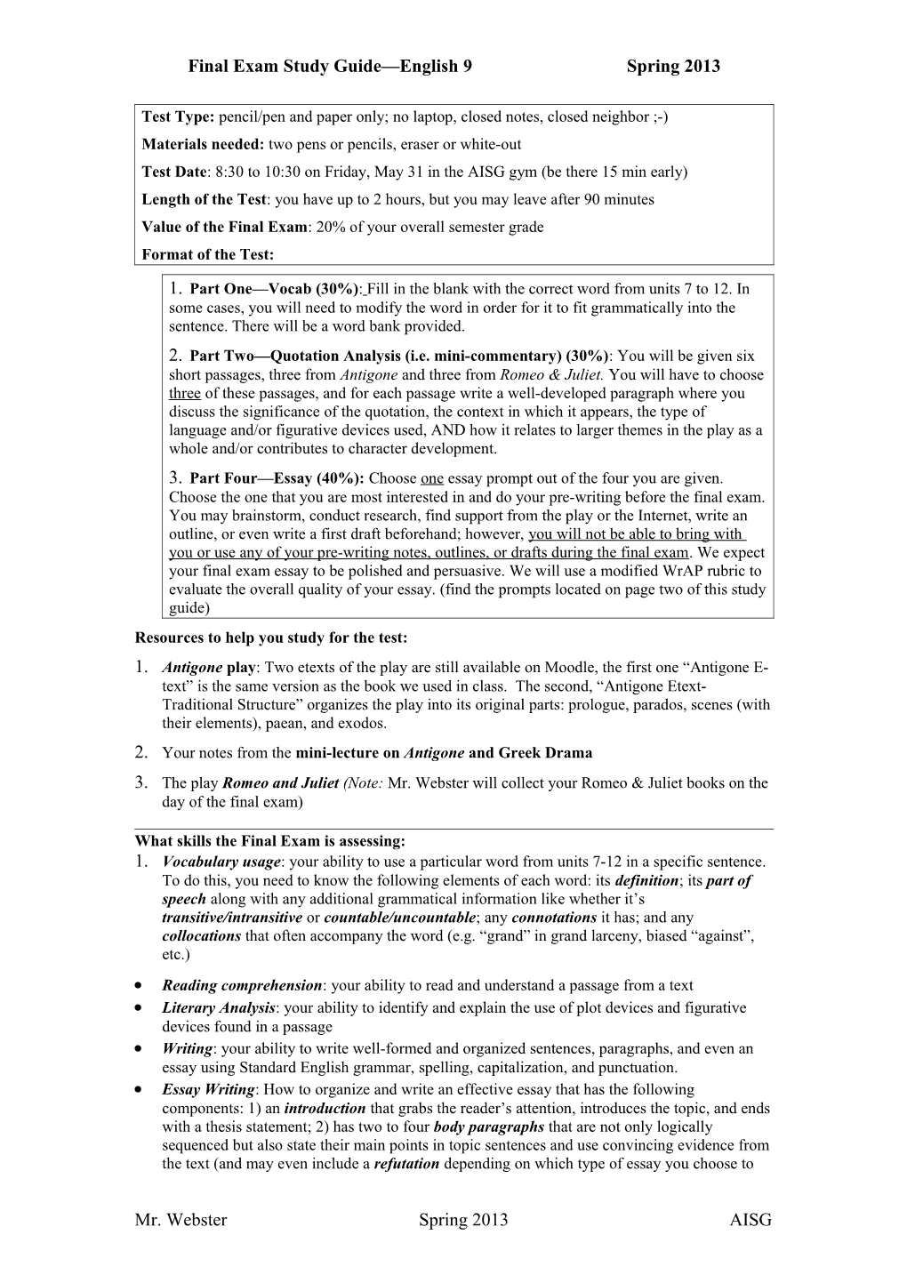 Final Exam Study Guide English 9 Spring 2013