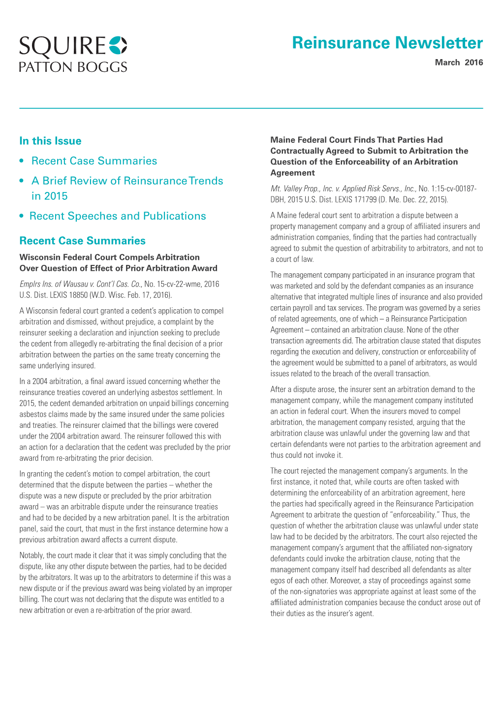 Squire Patton Boggs Reinsurance Newsletter, March 2016